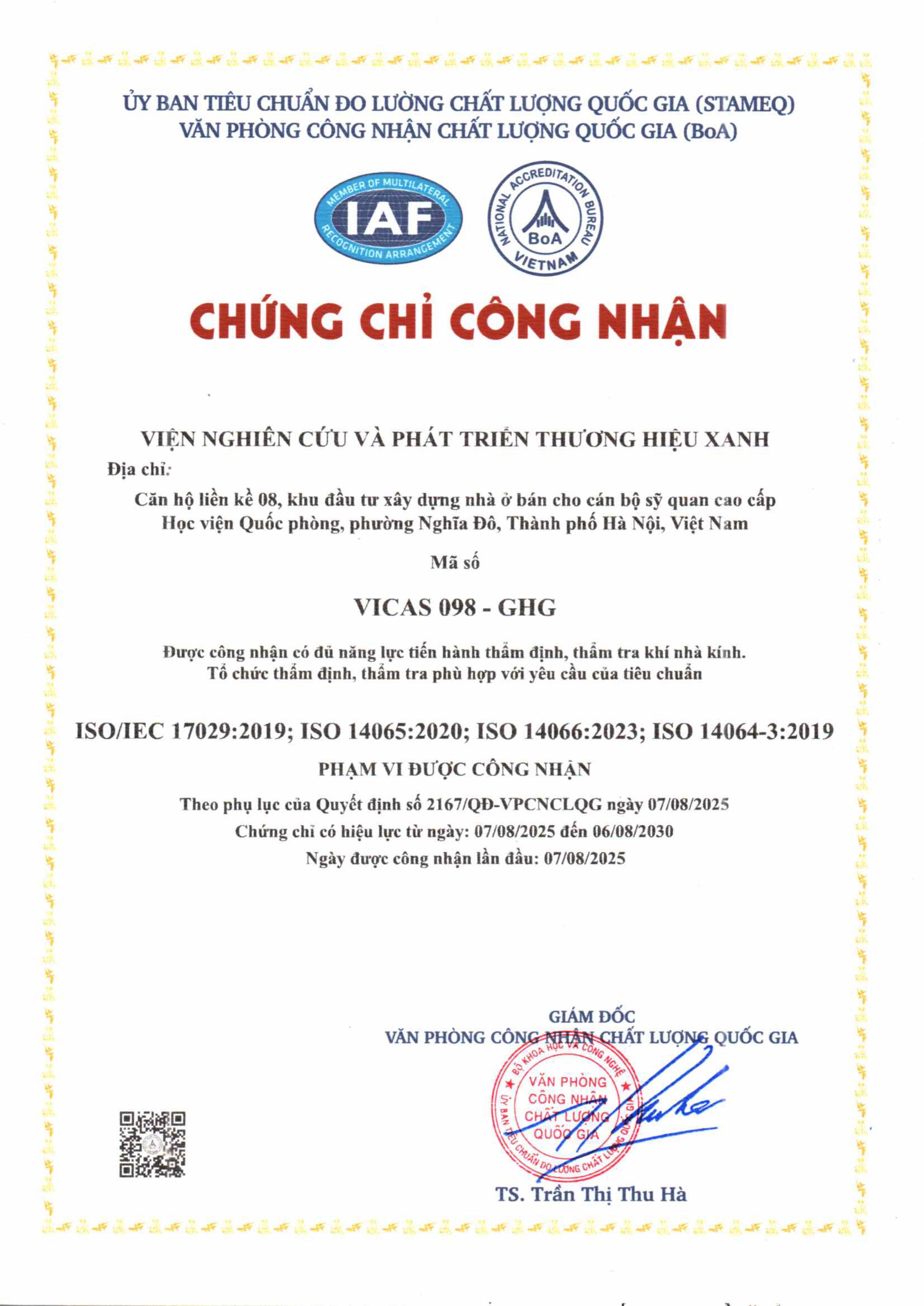 Chứng chỉ Công nhận VICAS 098-GHG (Bản Tiếng Việt)