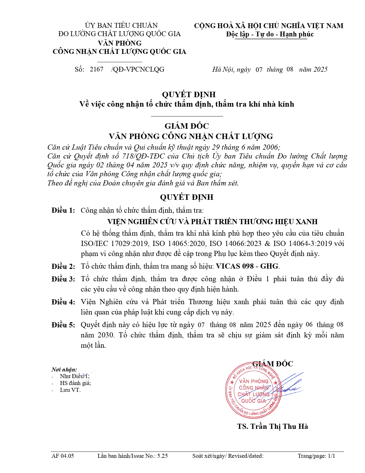 Quyết định Công nhận Tổ chức Thẩm định/Thẩm tra Khí nhà kính